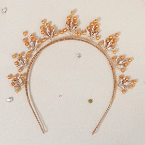 Serre-tête vintage doré avec perles orange et feuilles de cristal pour photos