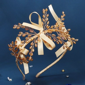 Serre-tête doré fait main avec perles champagne et élégant nœud en satin brillant