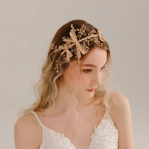 Serre-Tête de Mariée Fait à la Main Champagne Or Perle Artificielle Épi de Blé Nœud Ruban Accessoire de Tête Bohème Mariage Fête Femme