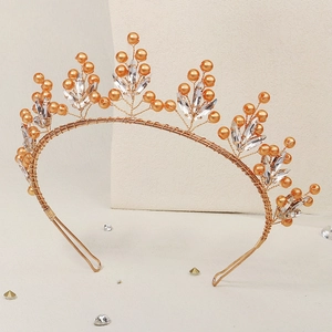 Couronne florale dorée faite main avec perles orange et strass marquise brillants