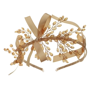 Serre-tête perlé fait main en or champagne avec nœud pour coiffure de fête de mariage