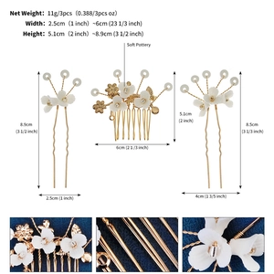 Detailed view of handmade soft pottery flower bridal hair pins with size measurements