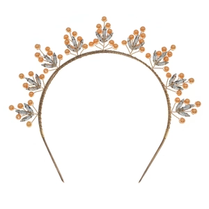 Bandeau bohème fait main avec cristaux et perles sur fil doré et perles orange vif