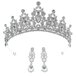Elegantes Brautschmuck-Set mit silberner Kristallkrone und Wassertropfen-Ohrringen für Damen