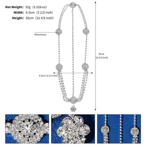 Detailed sizing chart and macro view of the silver rhinestone forehead fringe hair chain
