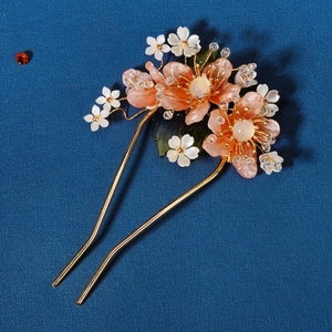 Pic à Cheveux Vintage Style Chinois Fleurs de Pêcher en Résine Épingle en U Dorée à la Main pour Hanfu Mariage Bijoux Femme