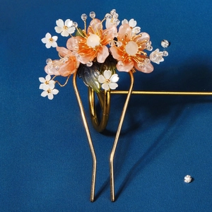 Épingle à cheveux fleur de pêcher chinoise avec fleurs en résine et double broche