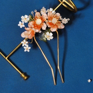 Épingle à cheveux exquise style chinois avec fleurs en résine rose et broche dorée en forme de u