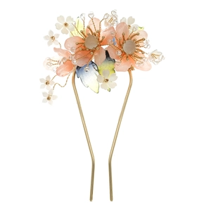 Épingle à cheveux fleurs de pêcher de style chinois avec fleurs en résine et fourche d'or