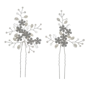 Set de épingles à cheveux de mariée avec fleurs givrées grises et perles sur fil argent