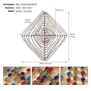 Macro detail of geometric rhinestone mesh headpiece with colorful crystals and gold metal frame