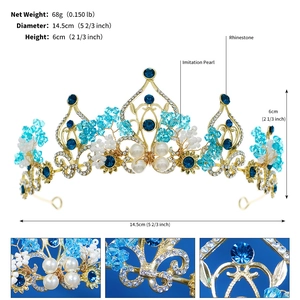 Detail of blue crystal crown with pearls, dimensions 14.5cm diameter and 6cm height
