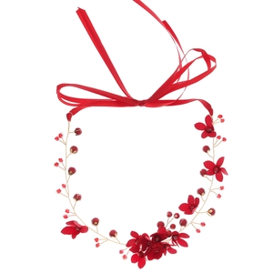 Serre-tête de mariée chinois traditionnel avec fleurs de soie rouges et fil d'or