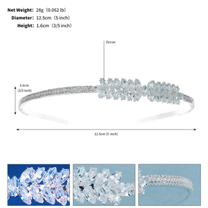 Detail view of silver zircon headband with weight and dimensions for bridal hair accessories