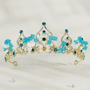 Baroque gold crown with blue crystals and pearls for bridal or pageant accessory