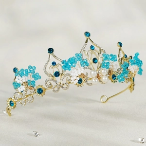 Baroque gold bridal crown with blue crystals and white pearls for pageants and weddings