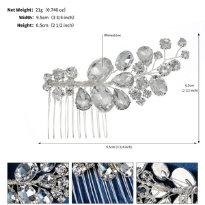 Detail view of handmade rhinestone hair comb with 9.5cm width and 21g light weight