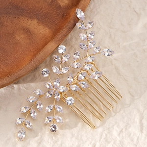 Elegante pettine per capelli da sposa in oro con foglie e fiori di cristallo di zircone