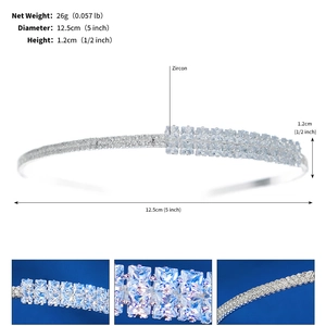 Detailed view of silver zircon headband showing 12.5cm diameter and 1.2cm width dimensions