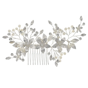 Elegant bridal hair comb with floral crystals and white pearls on silver alloy