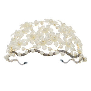 Handmade bridal headband featuring ivory frosted flowers and pearls on a gold wire frame