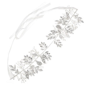 Elegant bridal crystal headband with silver wire, pearls and white ribbon tie