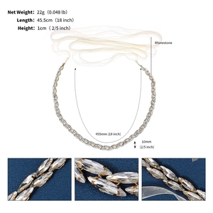 Close-up of double row rhinestone bridal belt with dimensions and weight detail