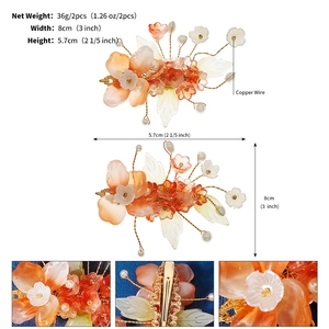 Detailed view of handmade resin flower hair clips with size specs and copper wire work