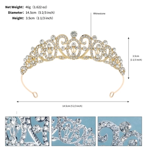 Detailed view of luxury gold bridal crown with white rhinestones and dimensions