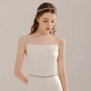 Bridal Rhinestone Waist Belt Gold Elegant Wedding Dress Belt Double Row Marquise Rhinestone Ribbon Tie Waist Chain For Women
