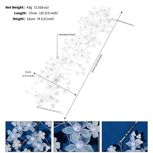 Macro detail of bridal flower hair vine with frosted white petals and imitation pearls