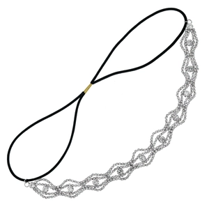 Elegant wavy rhinestone headband with sparkling silver crystals and black elastic band