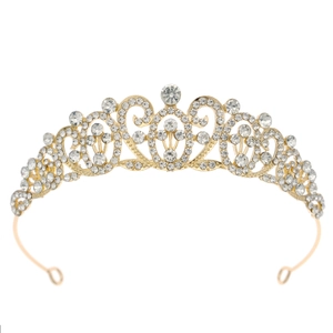 Luxurious gold alloy bridal crown with clear rhinestones for weddings and parties