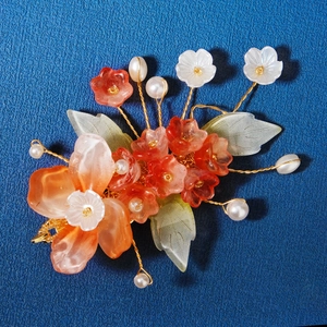 Handmade Chinese bridal hair clip with red resin flowers and pearls on golden wire