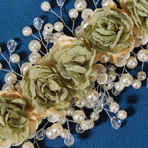 Handmade bridal floral headband with olive green chiffon flowers and faux pearls