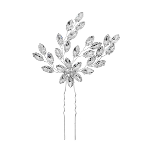 Detail of silver bridal hair pin with marquise rhinestones and handmade floral leaf pattern
