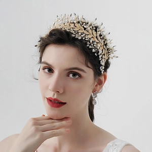 Tiara da Sposa Fatta a Mano Corona Oro Argento Lega Foglia Perla Artificial Strass Cerchietto Vintage Matrimonio Festa Accessori Donna