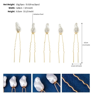Détail de 5 épingles à cheveux dorées en U avec perles d'imitation irrégulières