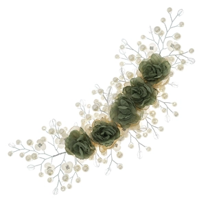 Vintage floral bridal hairpiece with dark green roses, pearls and silver wire vines