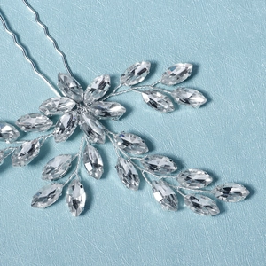 Elegant bridal silver U-shaped hair pin with marquise rhinestones and leaf design