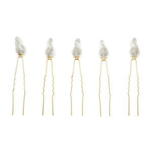 Five gold U-shaped bridal hair pins with irregular baroque pearls for elegant hair styling