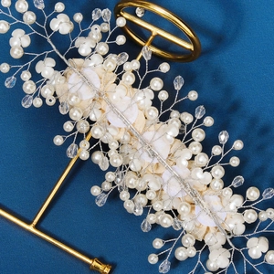 Vintage bridal headband with white fabric flowers, pearls and crystals on silver wire