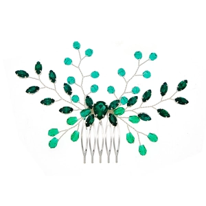 Peigne à cheveux élégant fait main avec cristaux verts et branches en fil d'argent fin
