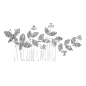 Peigne à cheveux de mariée argenté avec motifs papillon et feuilles ornés de strass