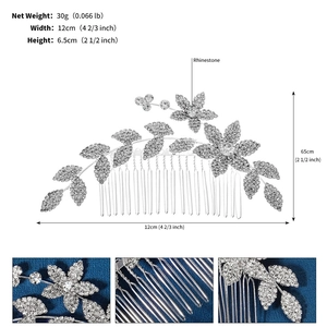 Vue macro du peigne à cheveux de mariée avec fleur argentée et détails en strass