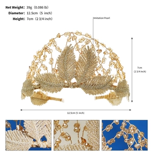 Detailed size specifications for handmade gold leaf bridal tiara with champagne beads