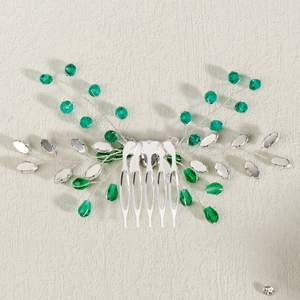 Peigne à cheveux de mariage chinois avec perles de cristal vertes et feuilles d'argent