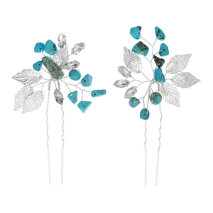 Traditional turquoise hair pins with silver wire and crystal beads for bridal styling