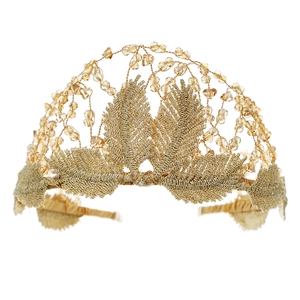 Serre-tête de mariée fait main avec feuilles dorées et cristaux pour coiffure de fête