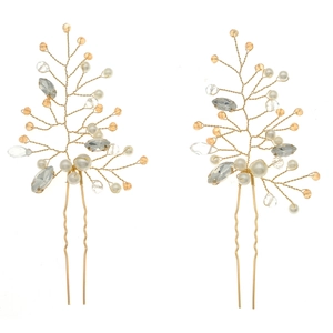 Handmade gold bridal hair pins with white pearls and crystals for wedding hairstyles